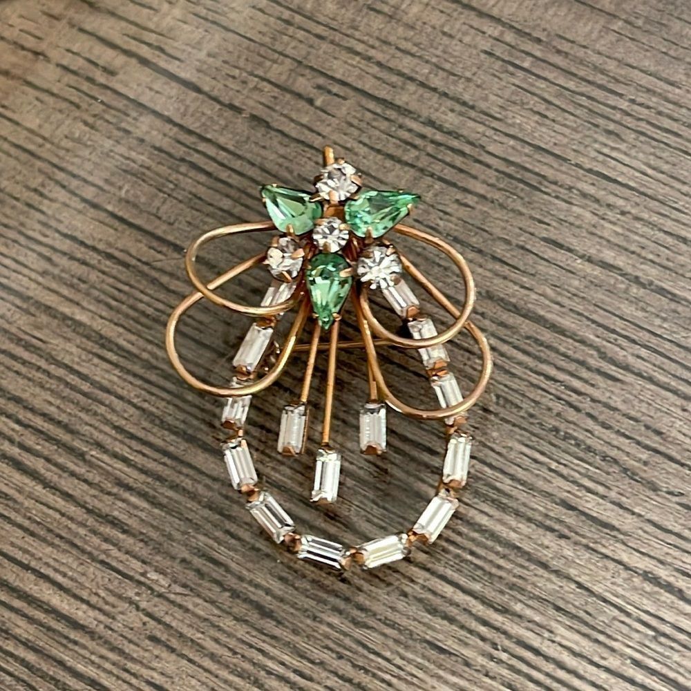 Vintage Ralph Scudieri D'ERI Signed 12K Gold Filled Crystal Brooch Clear & Green